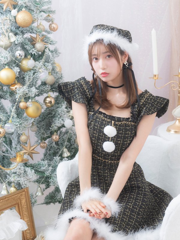 画像9: 【サンタセール！】【サンタコス 4点セット】【S-Lサイズ/2カラー】チェーンモチーフフロントジップツイードフレアサンタコスプレ[YMT] (9)