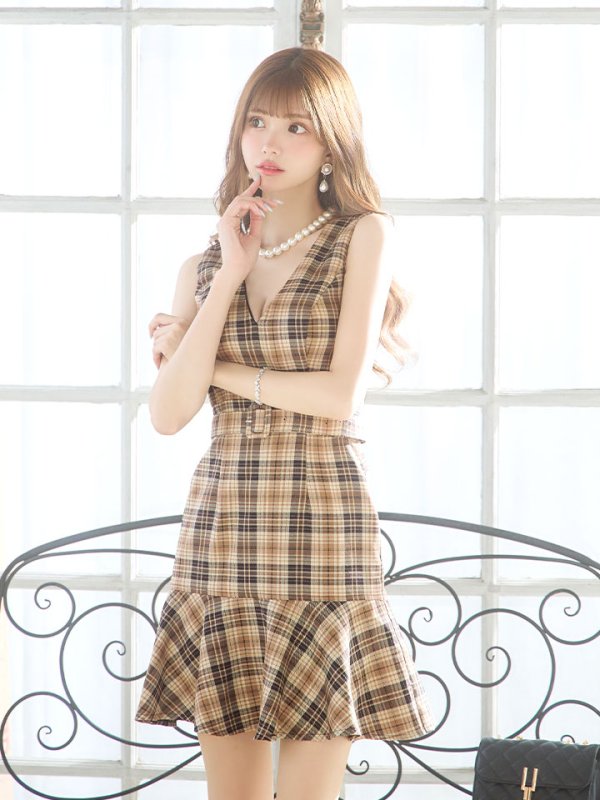 画像12: SALE!チェックAラインミニドレス/マーメイド/共布ベルト/ノースリーブ/谷間見せ/背中隠し/ミニドレス/キャバドレス 【XS-Mサイズ/1カラー】[OF01-U] 【SB】dzc (12)