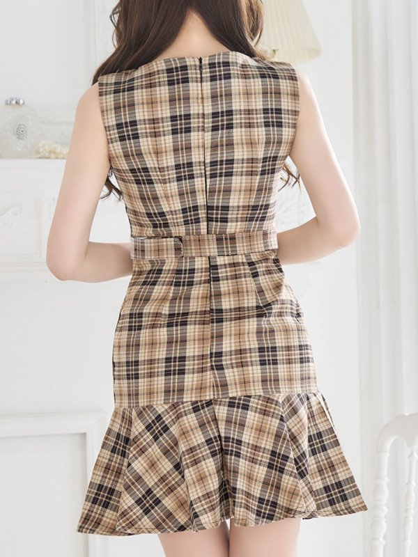 画像7: SALE!チェックAラインミニドレス/マーメイド/共布ベルト/ノースリーブ/谷間見せ/背中隠し/ミニドレス/キャバドレス 【XS-Mサイズ/1カラー】[OF01-U] 【SB】dzc (7)