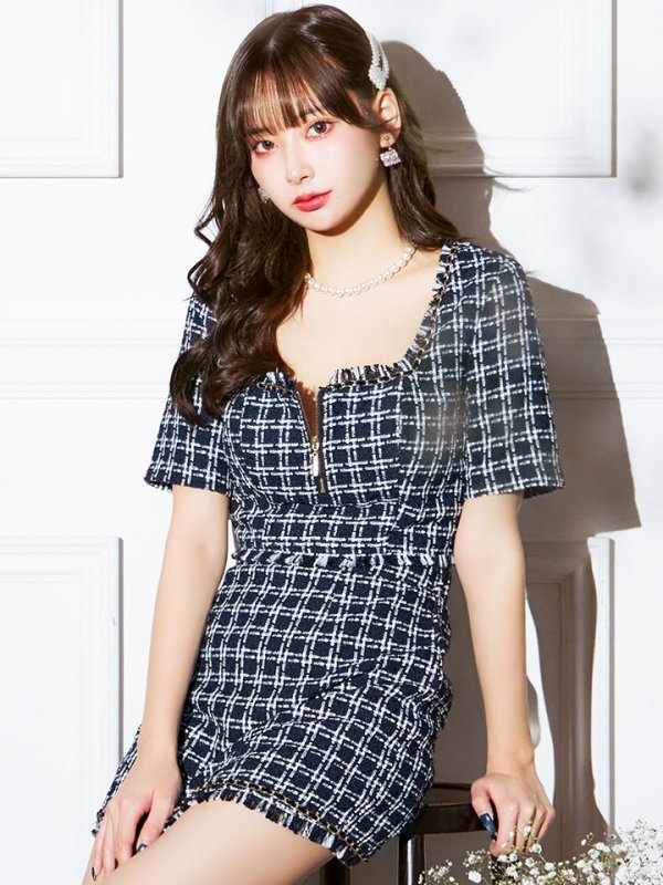 画像2: 【送料無料！】ツイードチェックドレス/ハーフジップ/チェーン/セットアップ/谷間見せ/背中隠し/ミニドレス/キャバドレス【XS-Mサイズ/1カラー】[HC02]【SB】dzw (2)