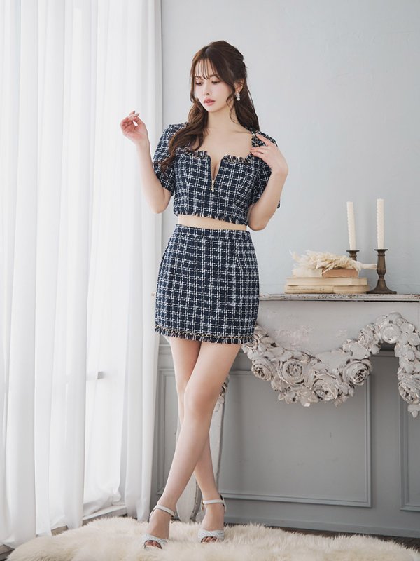 画像2: 【送料無料！】ツイードチェックドレス/ハーフジップ/チェーン/セットアップ/谷間見せ/背中隠し/ミニドレス/キャバドレス【XS-Mサイズ/1カラー】[HC02]【SB】dzw (2)