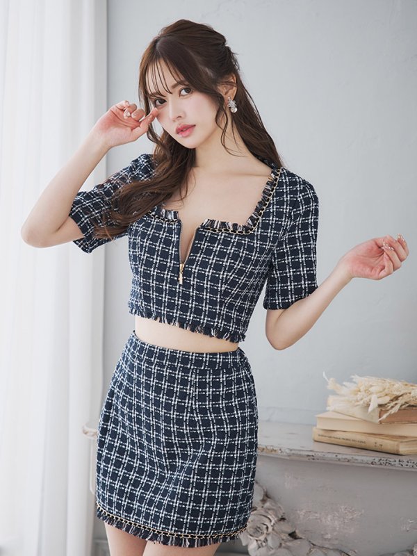 画像3: 【送料無料！】ツイードチェックドレス/ハーフジップ/チェーン/セットアップ/谷間見せ/背中隠し/ミニドレス/キャバドレス【XS-Mサイズ/1カラー】[HC02]【SB】dzw (3)