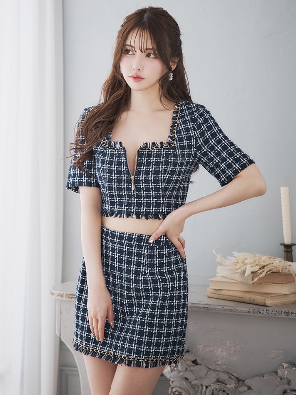 画像8: 【送料無料！】ツイードチェックドレス/ハーフジップ/チェーン/セットアップ/谷間見せ/背中隠し/ミニドレス/キャバドレス【XS-Mサイズ/1カラー】[HC02]【SB】dzw (8)