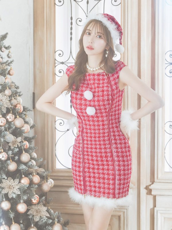 画像2: 【サンタセール！】【サンタコス 4点セット】【S-Lサイズ/1カラー】チェックタイトドレスサンタ[YMT] (2)