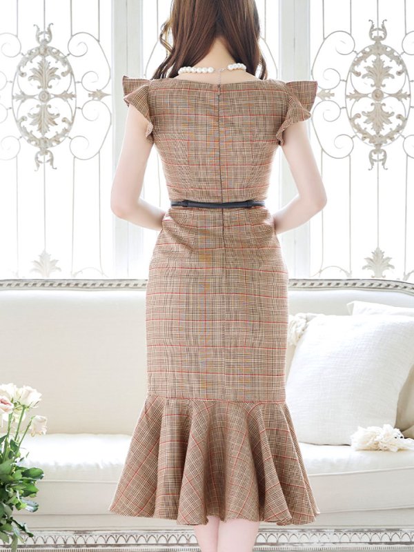 画像12: 【sifeel/シフィール】チェック柄マーメイドドレス/ショートスリーブ/フリル袖/谷間隠し/背中隠し/ベルト/ミディアムドレス/キャバドレス 【S-Lサイズ/1カラー】[HC02-X] 【SB】dzk (12)