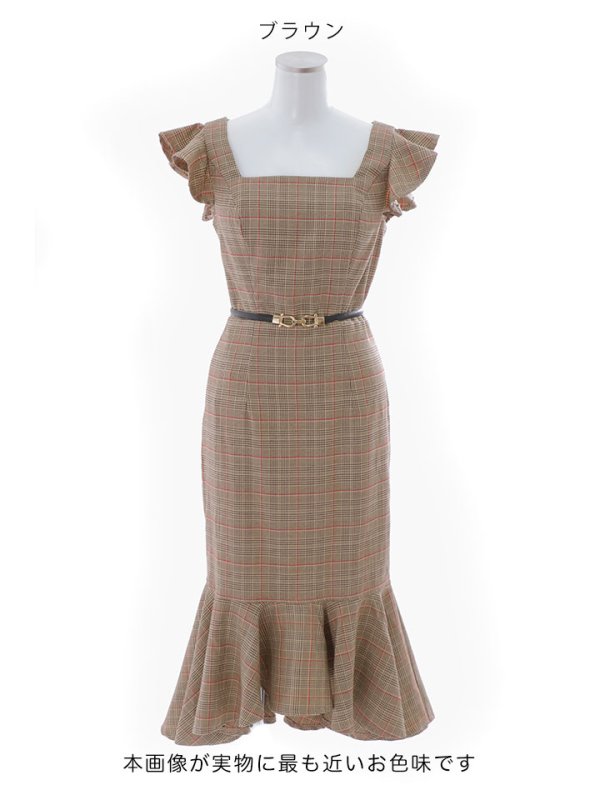 画像13: 【sifeel/シフィール】チェック柄マーメイドドレス/ショートスリーブ/フリル袖/谷間隠し/背中隠し/ベルト/ミディアムドレス/キャバドレス 【S-Lサイズ/1カラー】[HC02-X] 【SB】dzk (13)