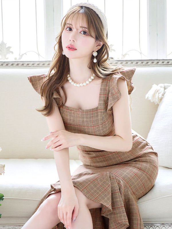 画像3: 【sifeel/シフィール】チェック柄マーメイドドレス/ショートスリーブ/フリル袖/谷間隠し/背中隠し/ベルト/ミディアムドレス/キャバドレス 【S-Lサイズ/1カラー】[HC02-X] 【SB】dzk (3)