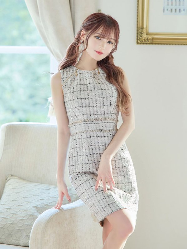 画像5: ノースリーブツイードドレス/チェック柄/チャック/谷間見せ/背中隠し/ミニドレス/キャバドレス【XS-Lサイズ/2カラー】[HC02-X] 【SB】dzw (5)