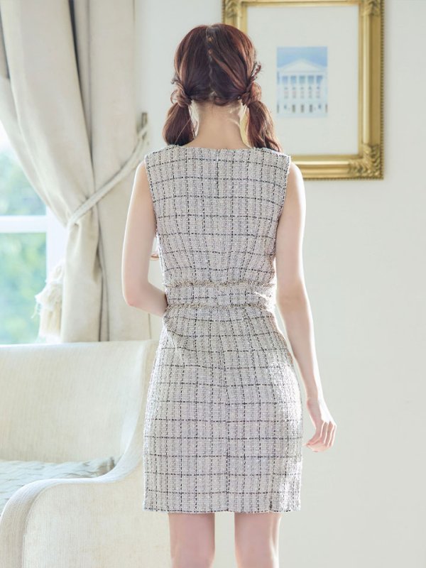 画像8: ノースリーブツイードドレス/チェック柄/チャック/谷間見せ/背中隠し/ミニドレス/キャバドレス【XS-Lサイズ/2カラー】[HC02-X] 【SB】dzw (8)