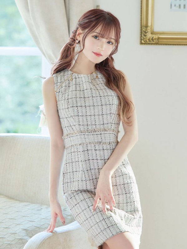 画像10: ノースリーブツイードドレス/チェック柄/チャック/谷間見せ/背中隠し/ミニドレス/キャバドレス【XS-Lサイズ/2カラー】[HC02-X] 【SB】dzw (10)