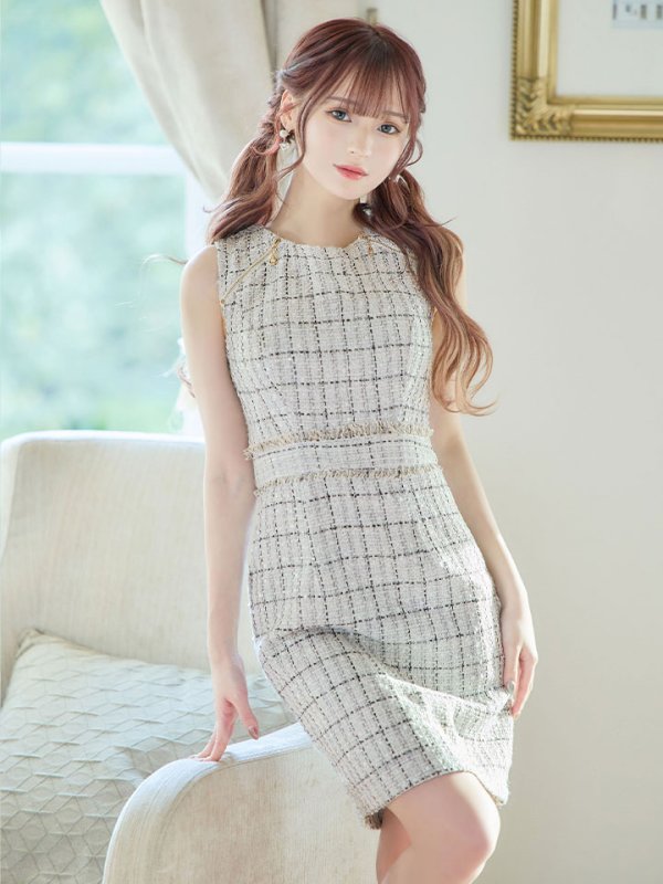 画像12: ノースリーブツイードドレス/チェック柄/チャック/谷間見せ/背中隠し/ミニドレス/キャバドレス【XS-Lサイズ/2カラー】[HC02-X] 【SB】dzw (12)