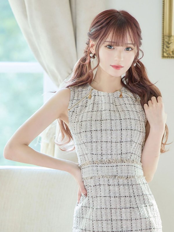 画像13: ノースリーブツイードドレス/チェック柄/チャック/谷間見せ/背中隠し/ミニドレス/キャバドレス【XS-Lサイズ/2カラー】[HC02-X] 【SB】dzw (13)