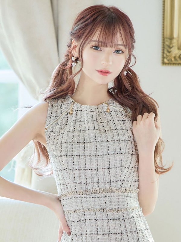 画像14: ノースリーブツイードドレス/チェック柄/チャック/谷間見せ/背中隠し/ミニドレス/キャバドレス【XS-Lサイズ/2カラー】[HC02-X] 【SB】dzw (14)