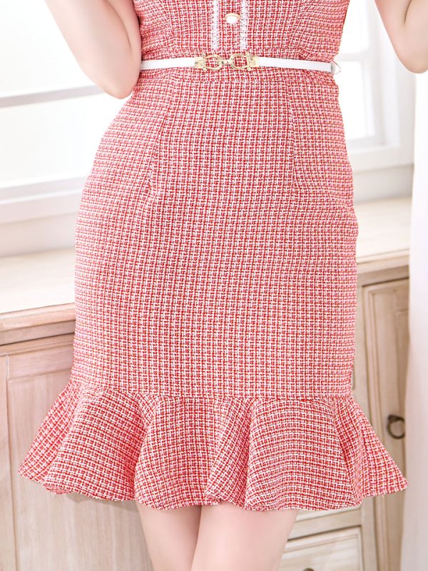 画像18: ツイードマーメイドミニドレス/フリル袖/ベルト/谷間隠し/背中隠し/ミニドレス/キャバドレス 【S-Lサイズ/2カラー】[HC02-X] 【SB】dzw (18)