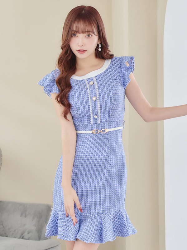 画像6: ツイードマーメイドミニドレス/フリル袖/ベルト/谷間隠し/背中隠し/ミニドレス/キャバドレス 【S-Lサイズ/2カラー】[HC02-X] 【SB】dzw (6)