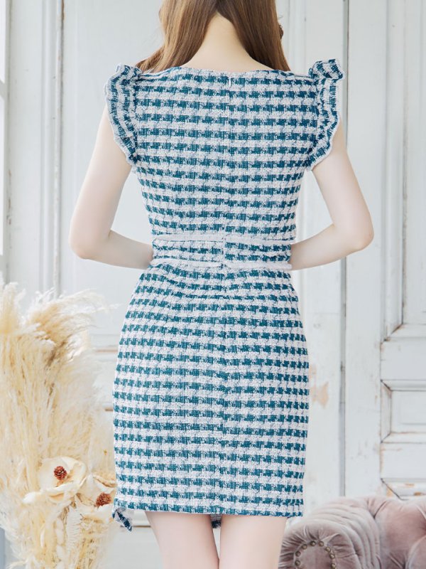 画像12: 【スプリングセール！】SALE!フロントジップツイードミニドレス/チェック柄/フリル袖/谷間見せ/背中隠し/ミニドレス/キャバドレス【XS-Lサイズ/1カラー】[OF01] 【SB】dzj (12)