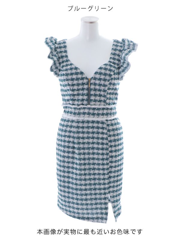 画像13: 【スプリングセール！】SALE!フロントジップツイードミニドレス/チェック柄/フリル袖/谷間見せ/背中隠し/ミニドレス/キャバドレス【XS-Lサイズ/1カラー】[OF01] 【SB】dzj (13)