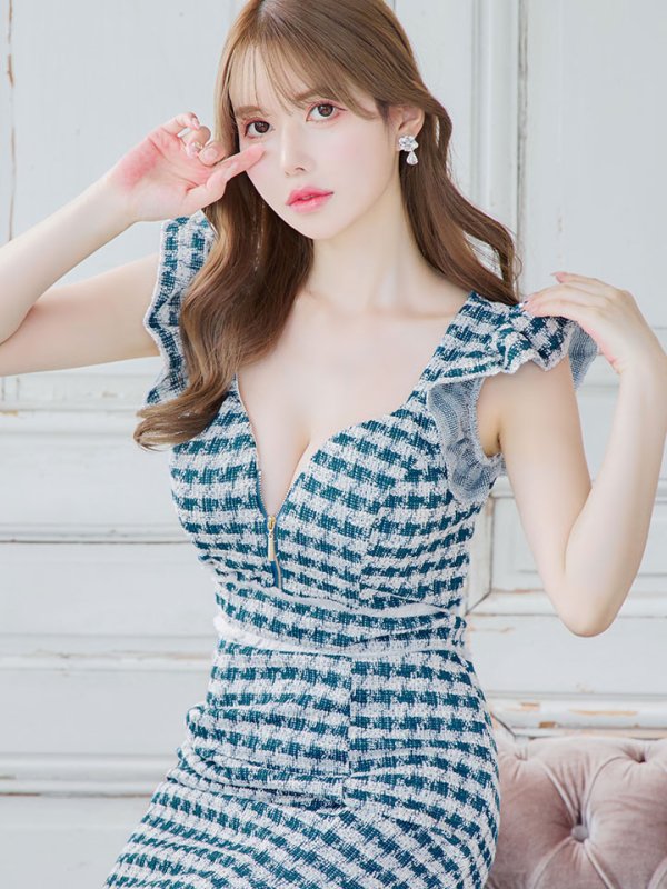 画像2: 【スプリングセール！】SALE!フロントジップツイードミニドレス/チェック柄/フリル袖/谷間見せ/背中隠し/ミニドレス/キャバドレス【XS-Lサイズ/1カラー】[OF01] 【SB】dzj (2)