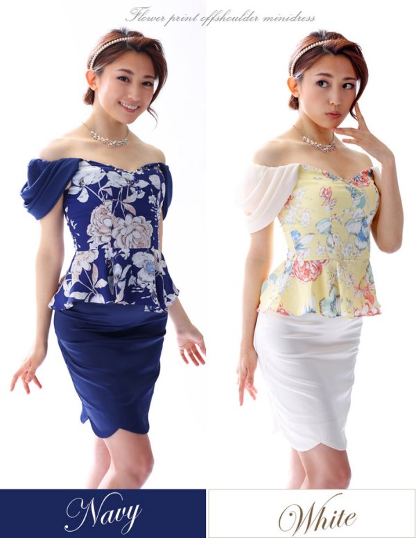 画像2: 【Sherry】【S-XLサイズ/2カラー】ドレープオフショルダーフラワープリントミニドレス[HC02] (2)