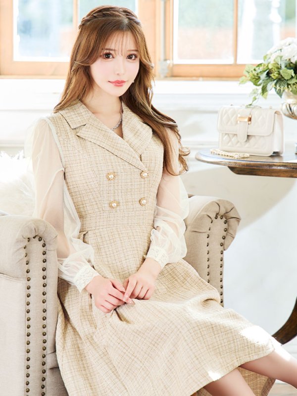 画像7: 新サイズ登場!【sifeel/シフィール】シアースリーブフレアワンピースドレス/ツイード/襟付き/ボタン/ミディアムドレス/キャバドレス【XS-Lサイズ/1カラー】[HC02-X] 【SB】dzj (7)