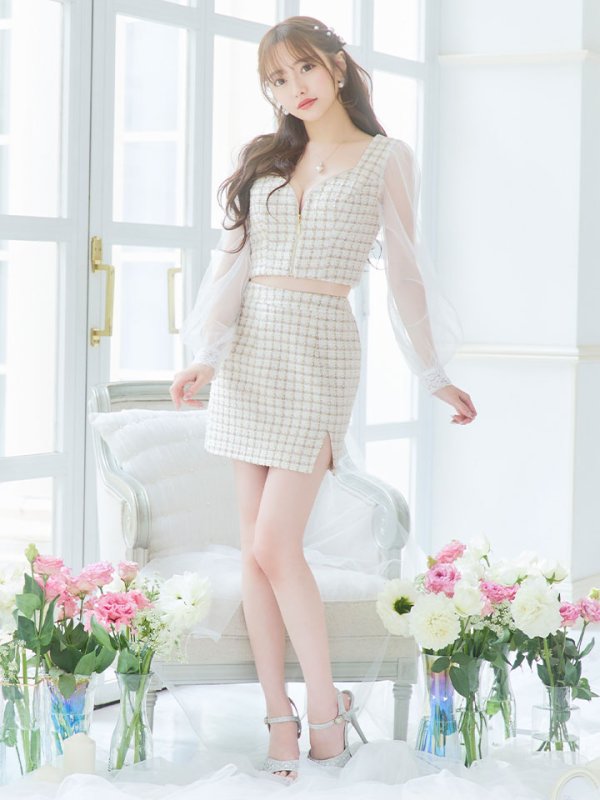画像2: 【即日発送】セットアップツイードドレス/2ピース/チェック/ジップ/チュールスリーブ/ミニドレス/キャバドレス【XS-Mサイズ/1カラー】[HC02]【SB】 (2)