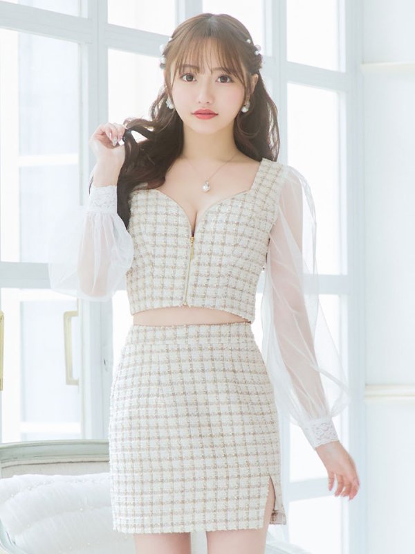 画像3: 【即日発送】セットアップツイードドレス/2ピース/チェック/ジップ/チュールスリーブ/ミニドレス/キャバドレス【XS-Mサイズ/1カラー】[HC02]【SB】 (3)