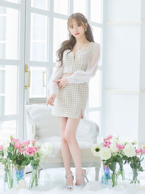 画像10: 【即日発送】セットアップツイードドレス/2ピース/チェック/ジップ/チュールスリーブ/ミニドレス/キャバドレス【XS-Mサイズ/1カラー】[HC02]【SB】 (10)