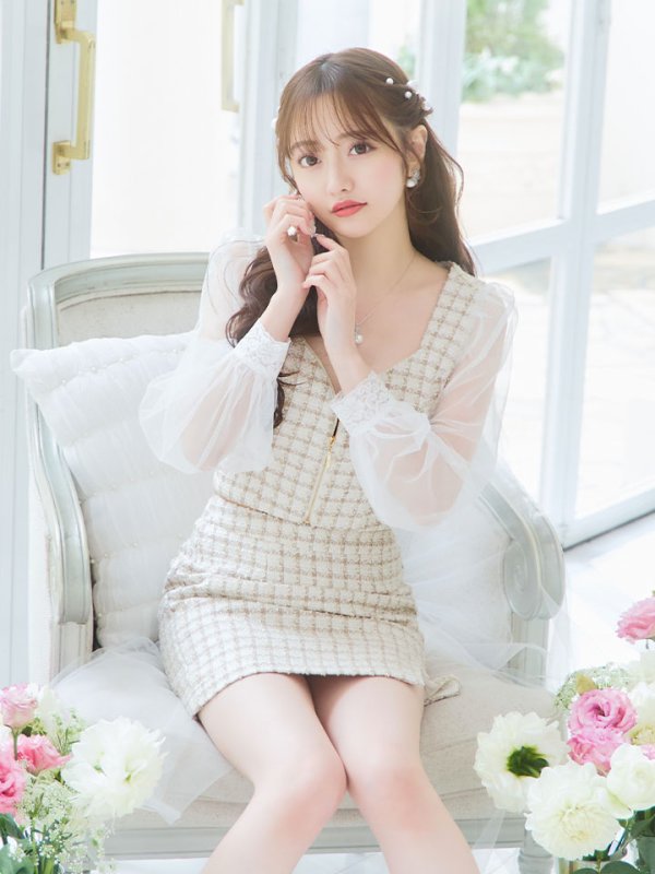 画像11: 【即日発送】セットアップツイードドレス/2ピース/チェック/ジップ/チュールスリーブ/ミニドレス/キャバドレス【XS-Mサイズ/1カラー】[HC02]【SB】 (11)