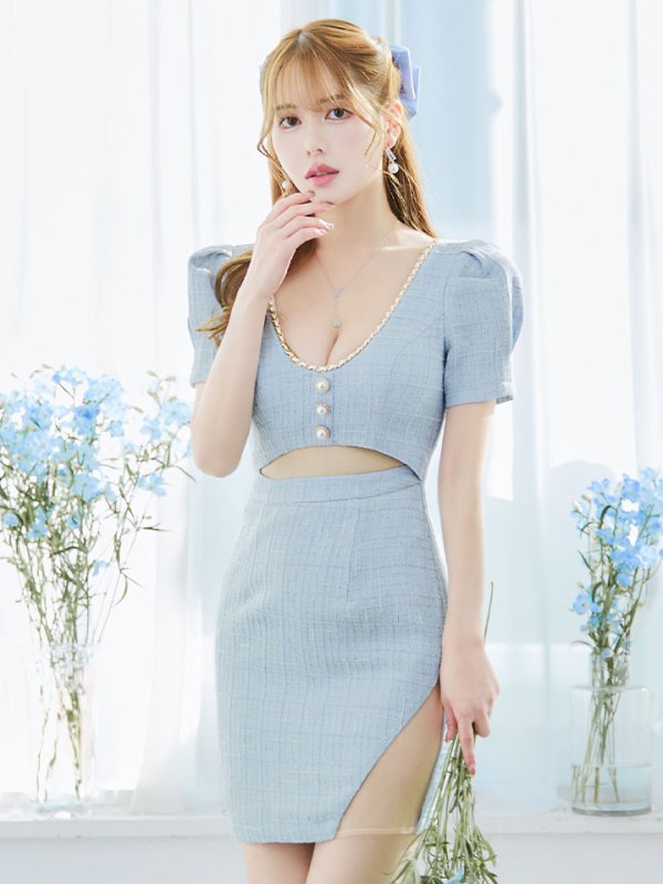 画像4: ツイードミニドレス/チェーン/タイトスカート/谷間見せ/背中隠し/キャバドレス/ミニドレス【XS-Mサイズ/2カラー】[HC02-X] 【SB】dzw (4)