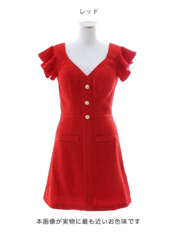 画像13: ワンカラーAラインミニドレス/ツイード/ゴールドボタン/谷間見せ/背中隠し/フリル袖/ミニドレス/キャバドレス 【XS-Lサイズ/1カラー】[HC02] 【SB】dzj (13)