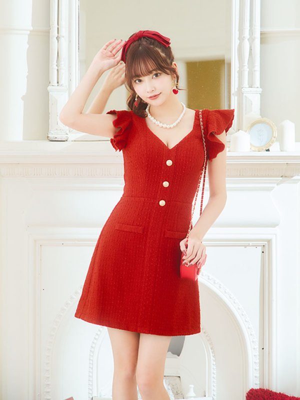 画像7: ワンカラーAラインミニドレス/ツイード/ゴールドボタン/谷間見せ/背中隠し/フリル袖/ミニドレス/キャバドレス 【XS-Lサイズ/1カラー】[HC02] 【SB】dzj (7)