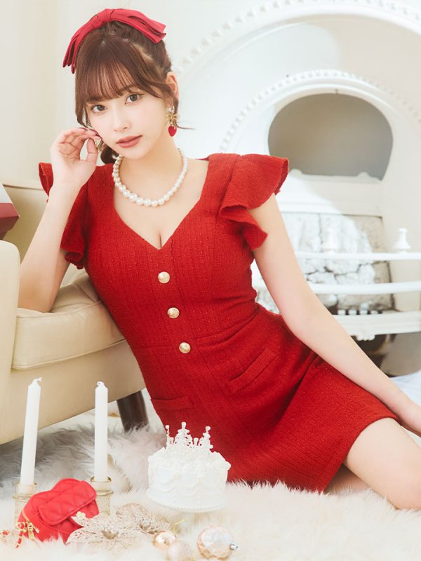 画像8: ワンカラーAラインミニドレス/ツイード/ゴールドボタン/谷間見せ/背中隠し/フリル袖/ミニドレス/キャバドレス 【XS-Lサイズ/1カラー】[HC02] 【SB】dzj (8)