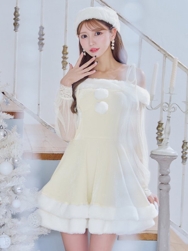 画像2: 【即日発送】【サンタコス 3点セット】【XS-XLサイズ/1カラー】オフショルダーシアーチュールフレアサンタコスプレ[YMT] (2)