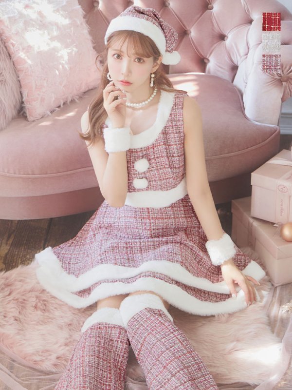 画像3: 即日発送!【サンタコス 5点セット】【S-Lサイズ/3カラー】ツイードチェック2段フレアスカートサンタコスプレ[YMT] (3)