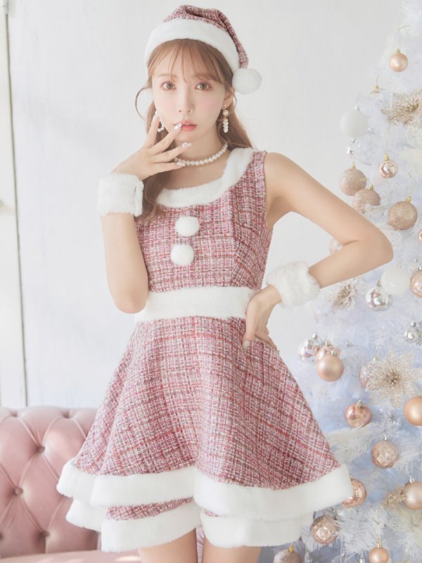 画像4: 即日発送!【サンタコス 5点セット】【S-Lサイズ/3カラー】ツイードチェック2段フレアスカートサンタコスプレ[YMT] (4)