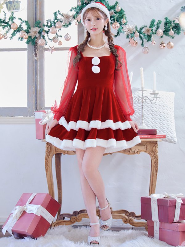 画像4: 【即日発送】【サンタコス 3点セット】【S-Lサイズ/1カラー】チュールシアーフレアサンタコスプレ[YMT] (4)