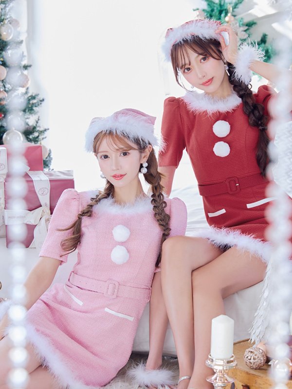 画像34: 【即日発送！】【サンタコス5点セット】【S-Mサイズ/2カラー】ツイードベルトワンピースサンタコスプレ[YMT] (34)