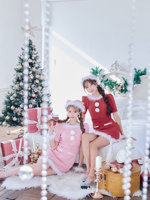 画像37: 【即日発送！】【サンタコス5点セット】【S-Mサイズ/2カラー】ツイードベルトワンピースサンタコスプレ[YMT] (37)