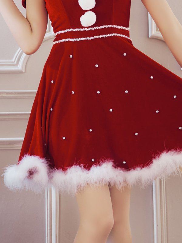 画像13: 【即日発送！】【サンタコス 5点セット】【XS-XLサイズ/3カラー】オフショルビジューリボンフレアサンタ[YMT] (13)