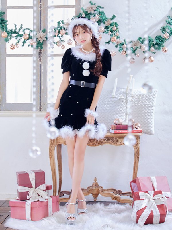 画像3: 【即日発送】【サンタコス 5点セット】【S-Mサイズ/2カラー】ベロアパールビジューサンタコスプレ[YMT] (3)