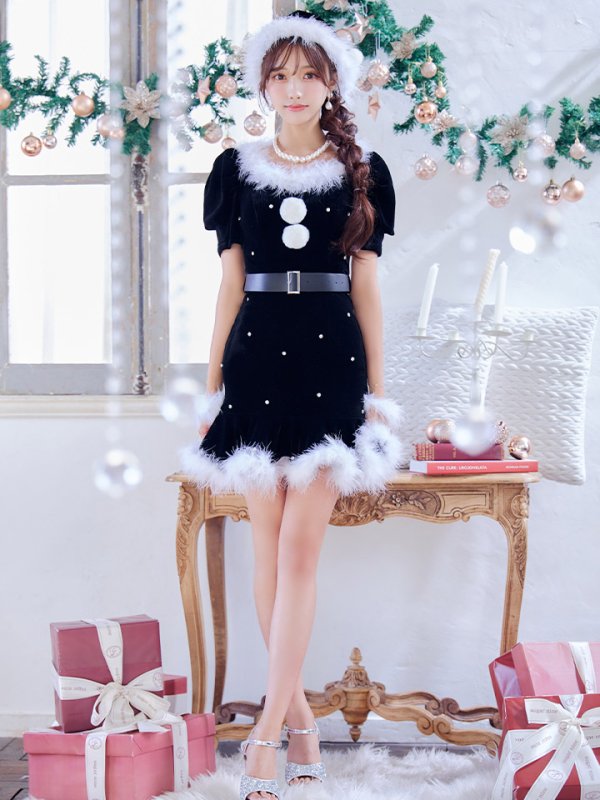 画像4: 【即日発送】【サンタコス 5点セット】【S-Mサイズ/2カラー】ベロアパールビジューサンタコスプレ[YMT] (4)