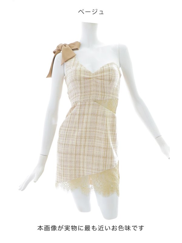 画像13: SALE!リボンワンショルダーツイードチェックミニドレス/タイト/谷間見せ/ミニドレス/キャバドレス【XS-Lサイズ/1カラー】[HC02]【SB】dzj (13)