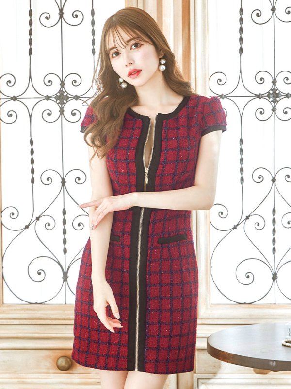 画像17: SALE!ツイードチェックフロントジップミニドレス/ショートスリーブ/谷間見せ/谷間隠し/背中隠し/ミニドレス/キャバドレス 【XS-Mサイズ/1カラー】[HC02] 【SB】dzw (17)