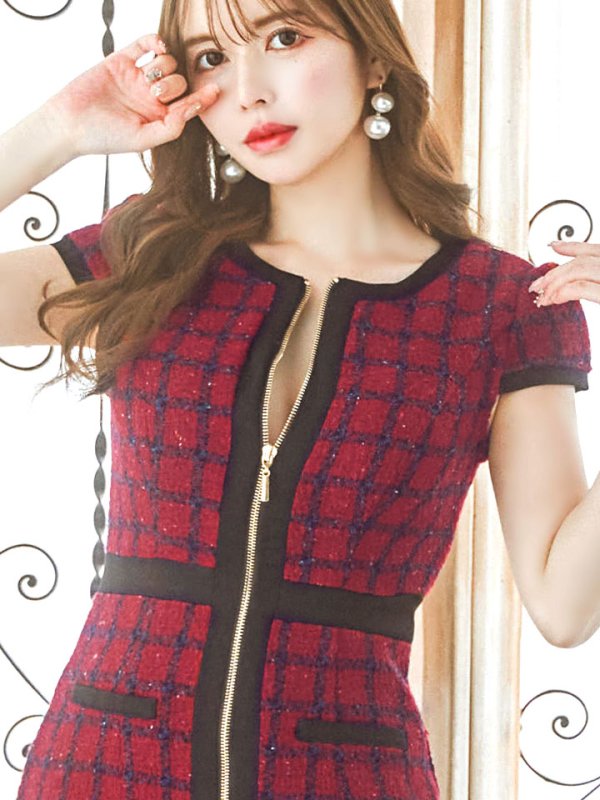 画像18: SALE!ツイードチェックフロントジップミニドレス/ショートスリーブ/谷間見せ/谷間隠し/背中隠し/ミニドレス/キャバドレス 【XS-Mサイズ/1カラー】[HC02] 【SB】dzw (18)