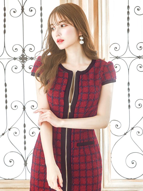 画像15: SALE!ツイードチェックフロントジップミニドレス/ショートスリーブ/谷間見せ/谷間隠し/背中隠し/ミニドレス/キャバドレス 【XS-Mサイズ/1カラー】[HC02] 【SB】dzw (15)