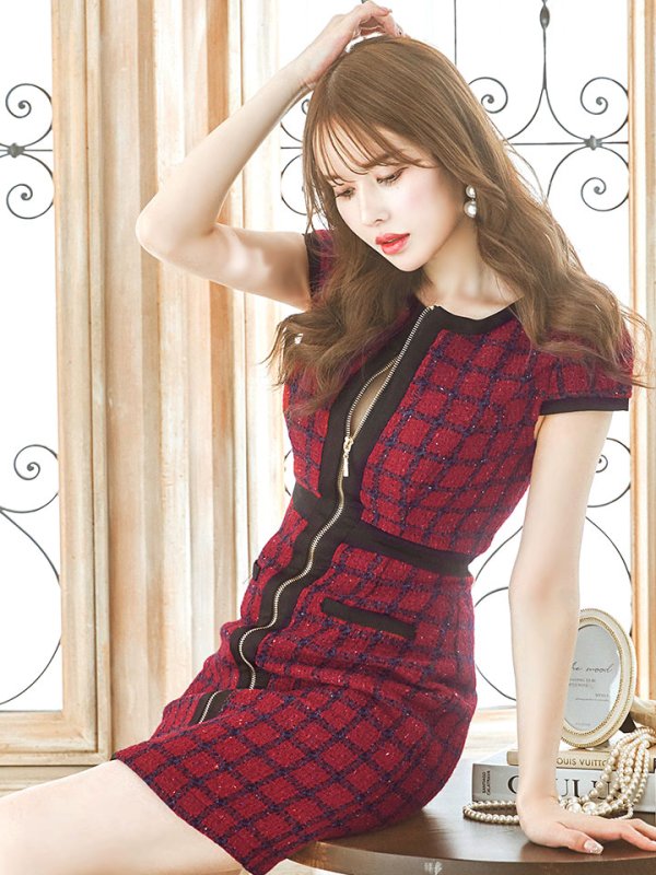 画像13: SALE!ツイードチェックフロントジップミニドレス/ショートスリーブ/谷間見せ/谷間隠し/背中隠し/ミニドレス/キャバドレス 【XS-Mサイズ/1カラー】[HC02] 【SB】dzw (13)