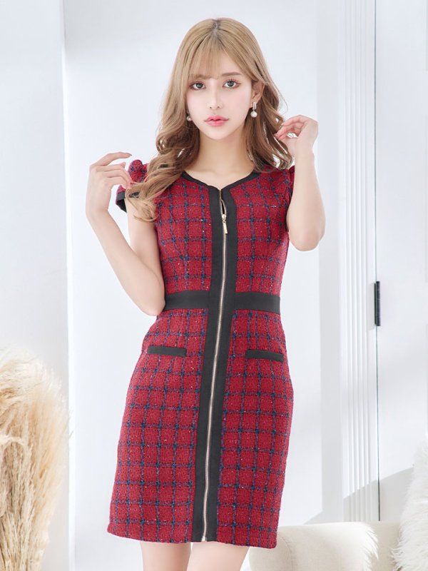 画像2: SALE!ツイードチェックフロントジップミニドレス/ショートスリーブ/谷間見せ/谷間隠し/背中隠し/ミニドレス/キャバドレス 【XS-Mサイズ/1カラー】[HC02] 【SB】dzw (2)