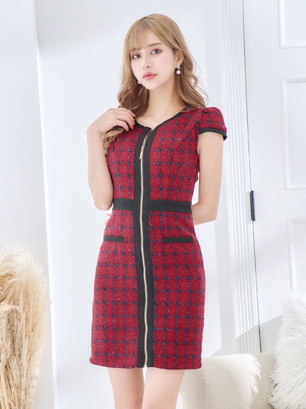画像7: SALE!ツイードチェックフロントジップミニドレス/ショートスリーブ/谷間見せ/谷間隠し/背中隠し/ミニドレス/キャバドレス 【XS-Mサイズ/1カラー】[HC02] 【SB】dzw (7)