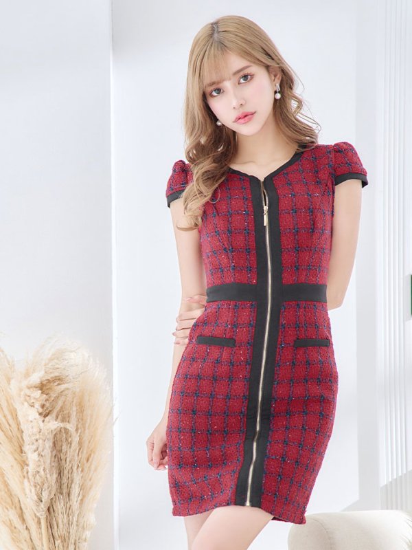 画像4: SALE!ツイードチェックフロントジップミニドレス/ショートスリーブ/谷間見せ/谷間隠し/背中隠し/ミニドレス/キャバドレス 【XS-Mサイズ/1カラー】[HC02] 【SB】dzw (4)
