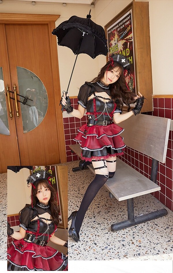 画像8: 【即日発送】ホーンテッドブラックレザーナース【マリームーン】【ハロウィンコスプレ6点セット】【フリーサイズ/2カラー】[OF04] (8)